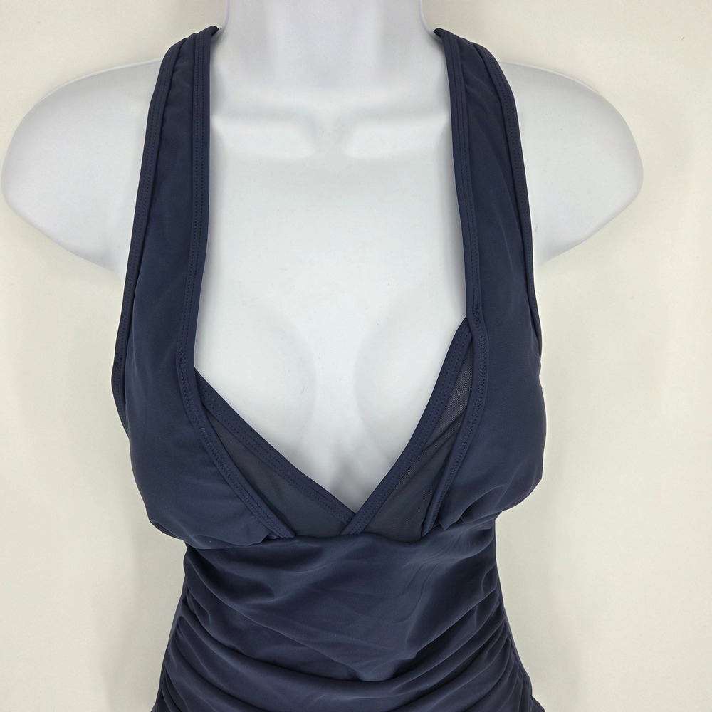 Cupshe Navy Blue Ruched V-Neck Mesh One Piece Swimsuit DAA12E5K001UU NWT Medium - Picture 3 of 5